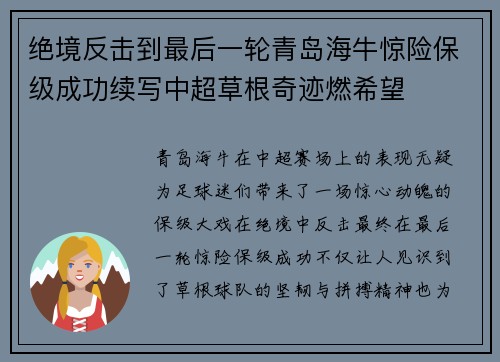 绝境反击到最后一轮青岛海牛惊险保级成功续写中超草根奇迹燃希望